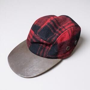 Vintage Polo Ralph Lauren Hat Men Red Plaid USA Long Bill Leather Wool RARE
